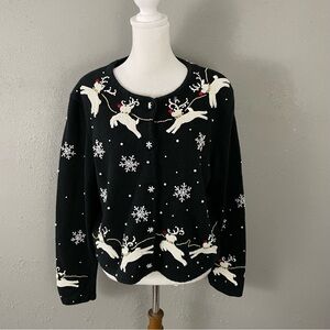 Vtg Michael Simon Beaded Christmas Sweater Size M Cardigan Reindeer Santa Snow